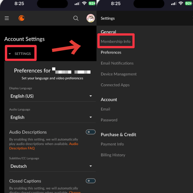 Crunchyrollの設定画面で「Settings」から「Membership Info（メンバーシップ情報）」への遷移を赤い矢印と枠で示しているスクリーンショット。