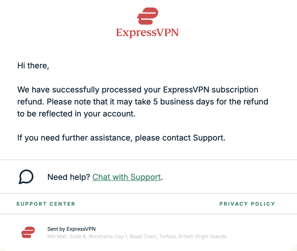 「ExpressVPNの返金手続きが完了したことを知らせる『Refund completed』メールのスクリーンショット」