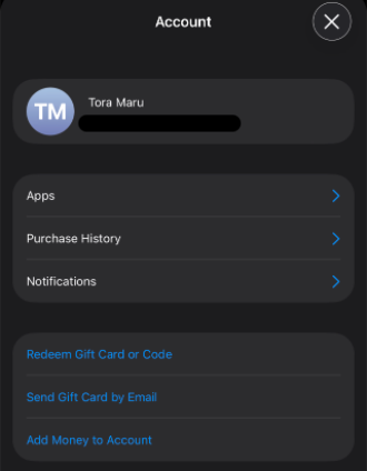App StoreでAppleアカウントにログインした後のアカウント画面。プロフィール名とアプリ、購入履歴、通知などのメニューが表示されているスクリーンショット。