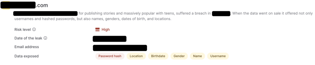 NordVPNのダークウェブモニタリング通知画面。情報漏洩が検出された際に、漏洩した可能性のある個人情報の種類が表示される