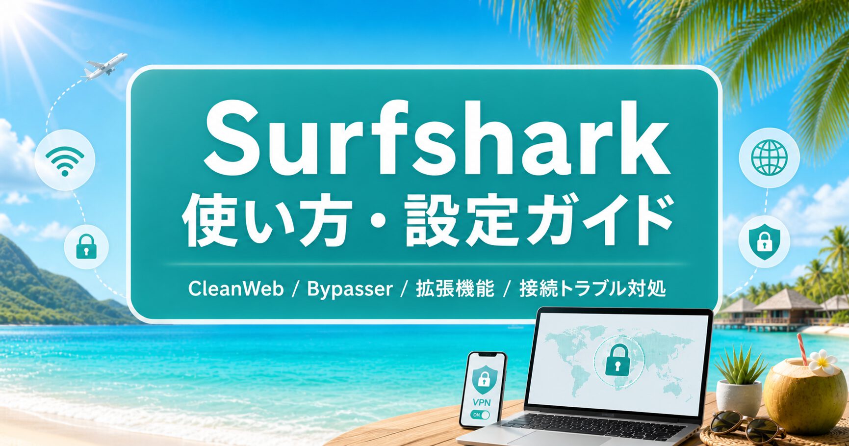 Surfsharkの使い方・設定まとめ記事のアイキャッチ。CleanWeb・Bypasser・Chrome拡張機能・接続トラブル対処を初心者向けに解説